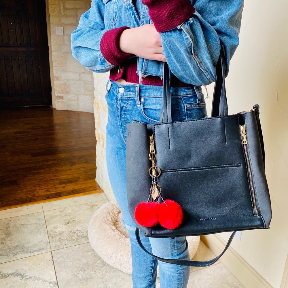 Melie Bianco bag w decorative pompoms & zippers